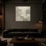 Sage Sculptural Geometry Quiet Focus Wall Art Canvas Print shown in a warm modern interior