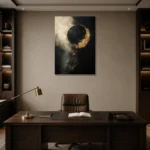 Golden Eclipse Black & Gold Wall Art Canvas Print displayed in a contemporary gallery-inspired room