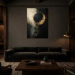 Golden Eclipse Black & Gold Wall Art Canvas Print shown in a warm modern interior