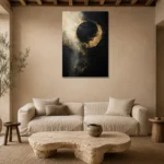 Golden Eclipse Black & Gold Wall Art Canvas Print presented in a sophisticated home setting