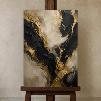 Ivory Rift Black & Gold Wall Art Canvas Print shown in Studio Easel