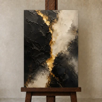 Gilded Fault Black & Gold Wall Art Canvas Print shown in Studio Easel