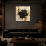 Gilded Fragment Black & Gold Wall Art Canvas Print shown in a warm modern interior