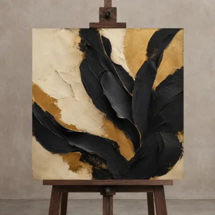 Sable Palm Black & Gold Wall Art Canvas Print displayed on a studio easel