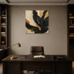 Sable Palm Black & Gold Wall Art Canvas Print displayed in a contemporary gallery-inspired room