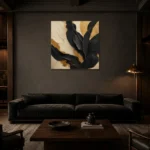 Sable Palm Black & Gold Wall Art Canvas Print shown in a warm modern interior
