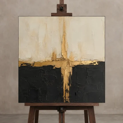 Gilded Axis Black & Gold Wall Art Canvas Print shown in Studio Easel