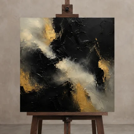 Smoky Obsidian Black & Gold Wall Art Canvas Print displayed on a studio easel