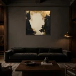 Gilded Atrium Black & Gold Wall Art Canvas Print shown in a warm modern interior