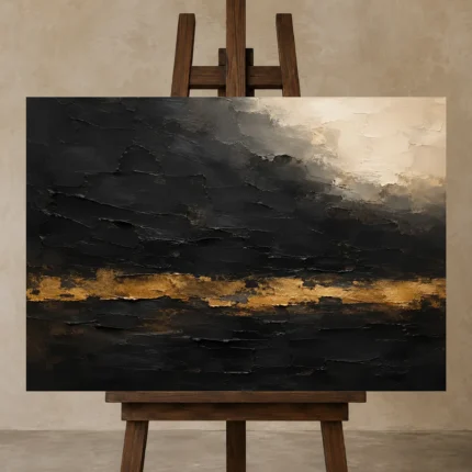 Gilded Horizon Black & Gold Wall Art Canvas Print shown in Studio Easel