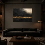Gilded Horizon Black & Gold Wall Art Canvas Print shown in a warm modern interior