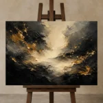 Gilded Atmosphere Black & Gold Wall Art Canvas Print displayed on a studio easel