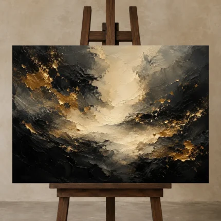 Gilded Atmosphere Black & Gold Wall Art Canvas Print shown in Studio Easel