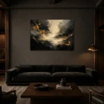 Gilded Atmosphere Black & Gold Wall Art Canvas Print shown in a warm modern interior