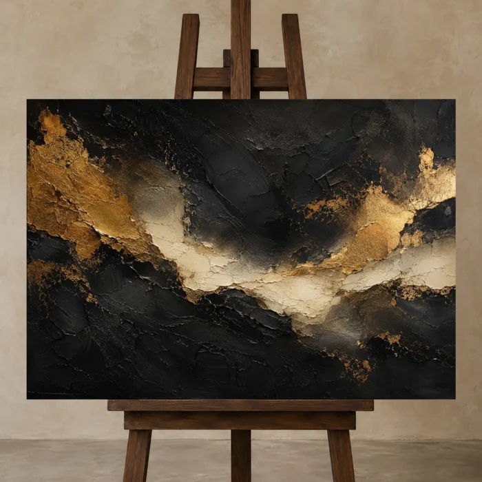 Gilded Passage Black & Gold Wall Art Canvas Print displayed on a studio easel