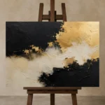 Gilded Drift Black & Gold Wall Art Canvas Print displayed on a studio easel