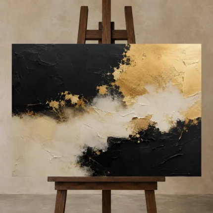 Gilded Drift Black & Gold Wall Art Canvas Print shown in Studio Easel