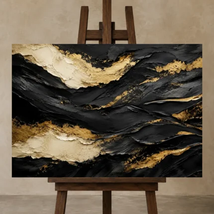 Gilded Currents Black & Gold Wall Art Canvas Print shown in Studio Easel