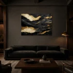Gilded Currents Black & Gold Wall Art Canvas Print shown in a warm modern interior