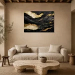 Gilded Currents Black & Gold Wall Art Canvas Print presented in a sophisticated home setting