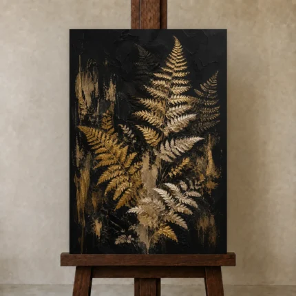 Golden Fern Botanical Black & Gold Wall Art Canvas Print shown in Studio Easel