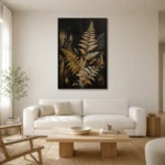 Golden Fern Botanical Black & Gold Wall Art Canvas Print styled in a refined neutral interior