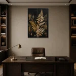 Golden Fern Botanical Black & Gold Wall Art Canvas Print displayed in a contemporary gallery-inspired room