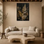 Golden Fern Botanical Black & Gold Wall Art Canvas Print presented in a sophisticated home setting