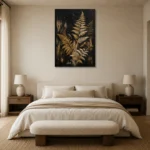 Golden Fern Botanical Black & Gold Wall Art Canvas Print showcased in an elegant minimalist interior