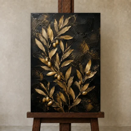 Golden Olive Branch Botanical Black & Gold Wall Art Canvas Print shown in Studio Easel