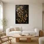 Golden Olive Branch Botanical Black & Gold Wall Art Canvas Print styled in a refined neutral interior