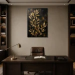 Golden Olive Branch Botanical Black & Gold Wall Art Canvas Print displayed in a contemporary gallery-inspired room