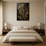 Golden Olive Branch Botanical Black & Gold Wall Art Canvas Print showcased in an elegant minimalist interior