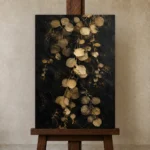 Golden Eucalyptus Botanical Black & Gold Wall Art Canvas Print displayed on a studio easel