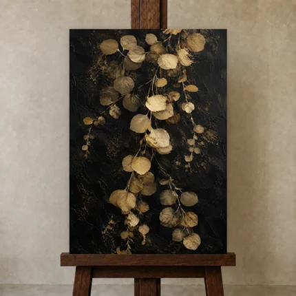 Golden Eucalyptus Botanical Black & Gold Wall Art Canvas Print shown in Studio Easel