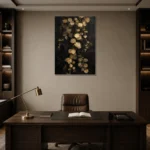 Golden Eucalyptus Botanical Black & Gold Wall Art Canvas Print displayed in a contemporary gallery-inspired room