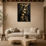 Golden Eucalyptus Botanical Black & Gold Wall Art Canvas Print presented in a sophisticated home setting