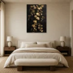 Golden Eucalyptus Botanical Black & Gold Wall Art Canvas Print showcased in an elegant minimalist interior