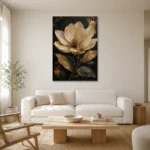 Golden Magnolia Botanical Black & Gold Wall Art Canvas Print styled in a refined neutral interior