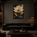 Golden Magnolia Botanical Black & Gold Wall Art Canvas Print shown in a warm modern interior