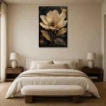 Golden Magnolia Botanical Black & Gold Wall Art Canvas Print showcased in an elegant minimalist interior
