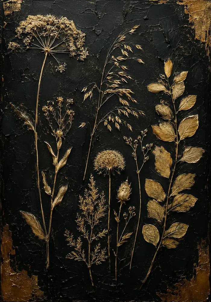 Golden Wildflower Botanical Black & Gold Wall Art Canvas Print