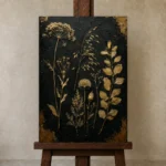 Golden Wildflower Botanical Black & Gold Wall Art Canvas Print displayed on a studio easel