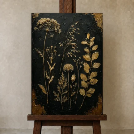 Golden Wildflower Botanical Black & Gold Wall Art Canvas Print shown in Studio Easel