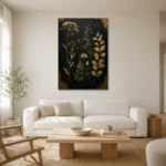 Golden Wildflower Botanical Black & Gold Wall Art Canvas Print styled in a refined neutral interior