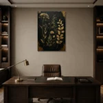Golden Wildflower Botanical Black & Gold Wall Art Canvas Print displayed in a contemporary gallery-inspired room