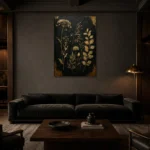 Golden Wildflower Botanical Black & Gold Wall Art Canvas Print shown in a warm modern interior