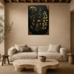 Golden Wildflower Botanical Black & Gold Wall Art Canvas Print presented in a sophisticated home setting