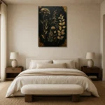 Golden Wildflower Botanical Black & Gold Wall Art Canvas Print showcased in an elegant minimalist interior
