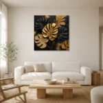 Golden Monstera Botanical Black & Gold Wall Art Canvas Print styled in a refined neutral interior
